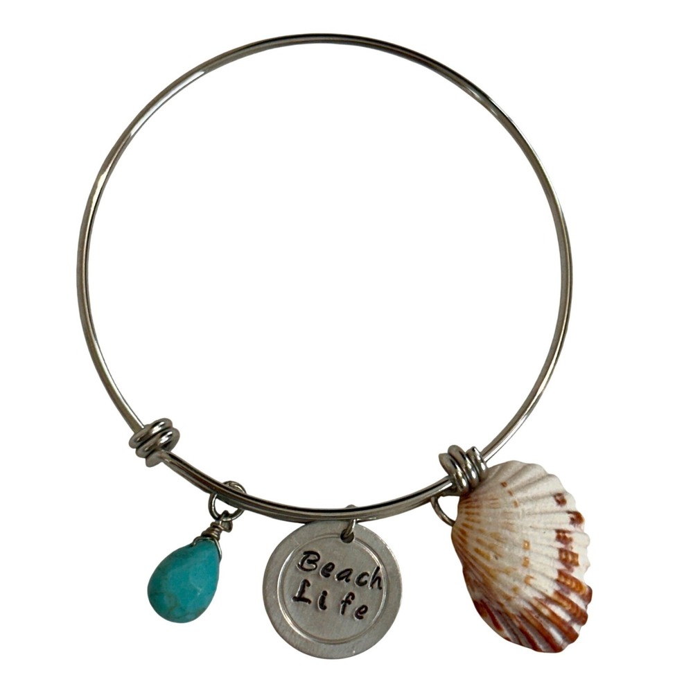 Handcrafted Beach Life‎ Expandable Bangle Bracelet Handstamped Charm Jewelry